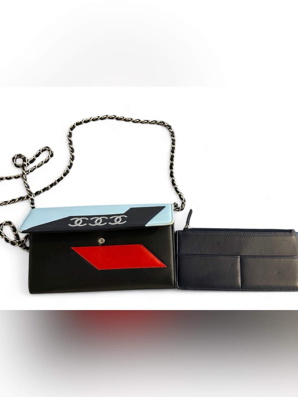 CHANEL Lambskin Airlines Wallet On Chain WOC Blue Black Red